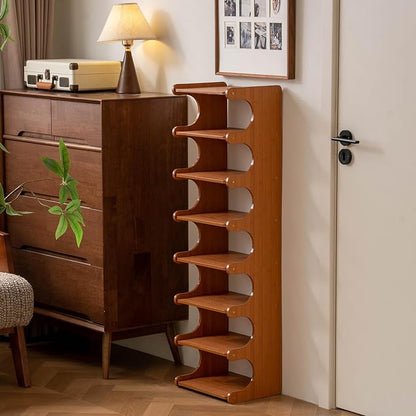 Tall Narrow Solid Wood Shoe Rack, 8 Tier Vertical Shoe Storage Tower, Freestanding Corner Organizer for Small Entryways, Slim Space-Saving Shoe Rack (12.6" L x 9.84" W x 44.1" H)