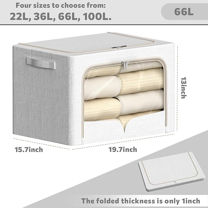 FHSQX 3 Pack Clothes Storage Bins - Foldable Metal Frame Storage Box - Stackable Linen Fabric Container Organizer Set with Carrying Handles and Clear Window (Cream White, 19.7x15.7x13inch(66L))