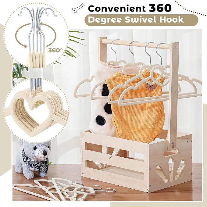 24 Pcs Beige Dog Clothes Hangers 13'' Non-Slip & 360° Swivel Pink Velvet Pet Hangers for Dogs and Cats Rustproof Metal Hooks, Space-Saving for Home Storage & Grooming Salons