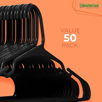 NEATERIZE Clothes Hangers Plastic 50 Pack for Adults - Plastic Hangers, The Perfect Coat Hanger and Space Saving Clothes Hangers for Closet, Percheros Ganchos para Colgar Ropa Hangars - Black Hangers