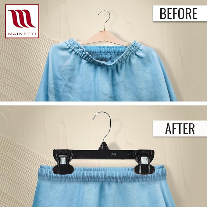 MAINETTI - 6008SMB50 Mainetti 6008 Black Plastic Children's Hangers - 50 Pack with Rotating Metal Hook and Sturdy Plastic Non-Slip Clips, Great for Pants/Skirts/Slacks/Bottoms, 8 Inch