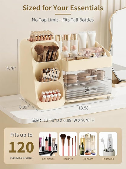 Booklov Makeup Organizer for Vanity, Large Capacity Cosmetic Display Case with Clear Acrylic Drawer, Countertop Beauty Storage Holder for Skincare, Brush Eyeshadow Lipstick Counter Desk, Crystal Cream