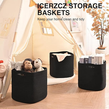ICERZCZ 11 Inch Cube Storage Bins, Storage Cube Organizer Bins, Woven Cotton Rope Basket for Storage, Storage Baskets for Organizing Shelves, Square Baskets for Toys, Black (Pack of 3)