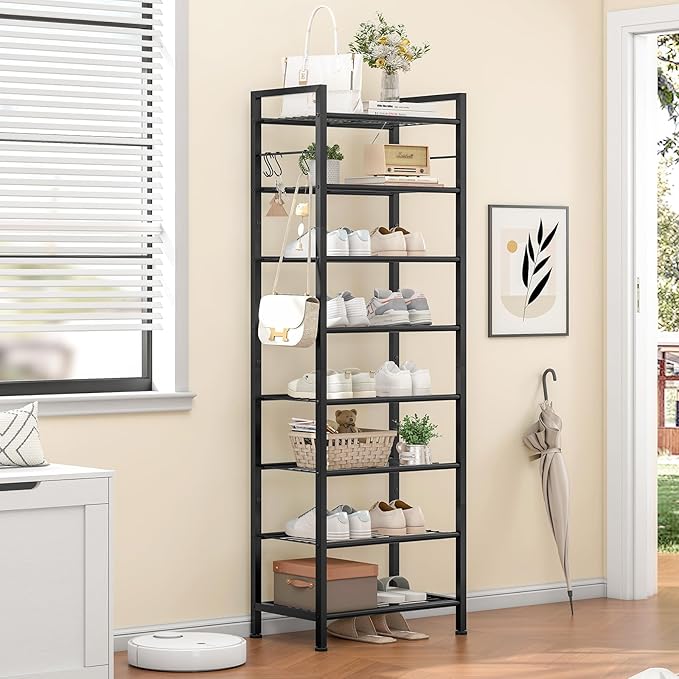 8 Tiers Narrow Shoe Rack 16-24 Pairs, Sturdy Metal Tall Shoe Rack with 4 Hooks, Slim Shoe Storage Organizer with Metal Shelf, Space Saving Vertical Shoe Shelf for Entryway, Closets, Black