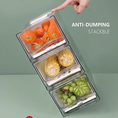 Fruit Storage Containers for Fridge with Strainer, BPA-Free Fridge Organizers and Storage, Stackable Clear Pull Out Refrigerator Organizers Drawer for Fruit,Vegetable,Produce,Berry,Food (2 Pack)
