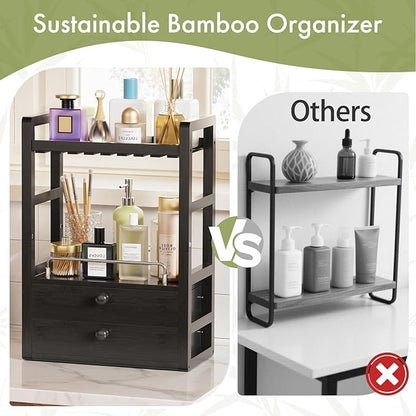 AmazerBath Bamboo Bathroom Countertop Organizer, 2-Tier Makeup Organizer with 2 Drawers, Vanity Organizer Storage Coffee Matcha Station, Compact Shelf for Bathroom Kitchen Office, Black