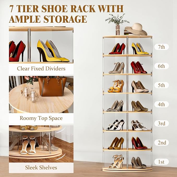TAKEKIT 7-Tier Rotating Shoe Rack, 360 Degree Spinning Shoe Rack Tower, Lazy Susan Storage Tower Made of Acrylic and Wood, Round Rotating Organizer Shelf for Closet, Entryway and Bedroom