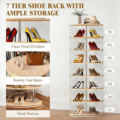 TAKEKIT 7-Tier Rotating Shoe Rack, 360 Degree Spinning Shoe Rack Tower, Lazy Susan Storage Tower Made of Acrylic and Wood, Round Rotating Organizer Shelf for Closet, Entryway and Bedroom