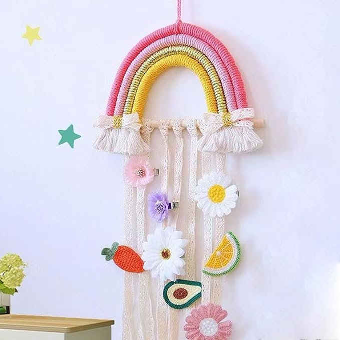 YOcity Bow Holder for Girls Rainbow Hair Bows Organizer for Girls with Lace Ribbon Perfect for Baby Girl Nursery Room Decor (Colorful)