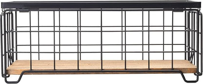 TIEYIPIN Metal Wire Storage Basket, Toilet Paper Roll Holder Wood Base Countertop Decor Box Toilet Tank Shelf Cabinet Organizer for Bathroom Pantry Garage Bedroom Livingroom (Black (2 Pack))