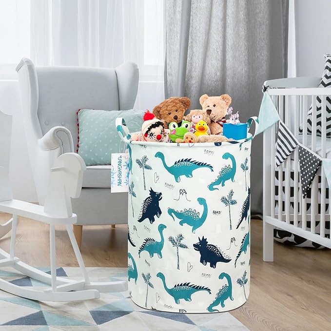 Laundry Basket Canvas Fabric Collapsible Organizer Basket for Storage Bin Toy Bins Gift Baskets Bedroom Clothes Children Nursery Hamper (Full dinosaur)