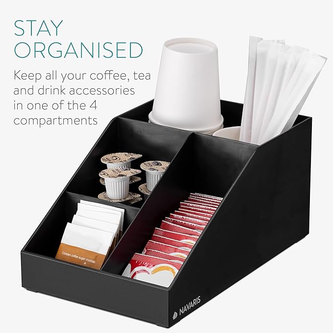 Navaris Coffee Station Organizer - 4 Compartment Coffee Bar for Office & Kitchen Countertop Organization