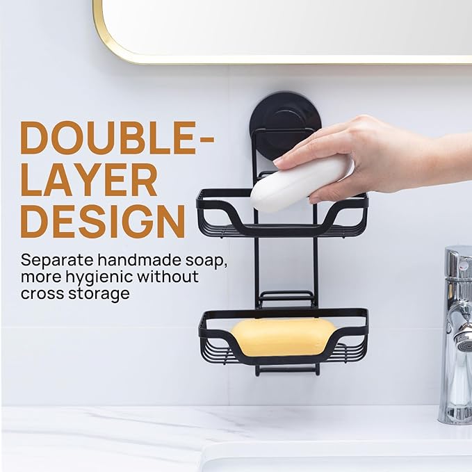 LEVERLOC Double Layer Soap Dish, Bar Soap Holder for Shower Wall, Vaccum Suction Cup Sponge Holder for Bathroom Tub Kitchen Sink, Stainless Steel, Waterproof, Removable, Black