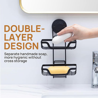 LEVERLOC 2 Tier Soap Holder, Soap Bar Dish for Shower Wall Mounted, Stainless Steel Suction Cup Sponge Holder for Bathroom Bathtub Kitchen Sink, Waterproof, Removable, Keep Dry, Black