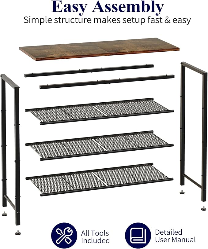 Kitsure Shoe Rack - 4-Tier Shoe Organizer with Wooden Top & Leveling Feet, Easy-Assembly, Rust-Resistant Metal Shoe Shelf for Closet, Entryway, Bedroom, 29.5" x 11.4" x 24.8", Brown