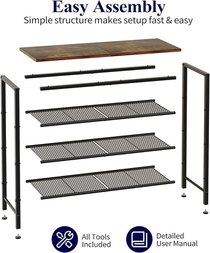 Kitsure Shoe Rack - 4-Tier Shoe Organizer with Wooden Top & Leveling Feet, Easy-Assembly, Rust-Resistant Metal Shoe Shelf for Closet, Entryway, Bedroom, 29.5" x 11.4" x 24.8", Brown