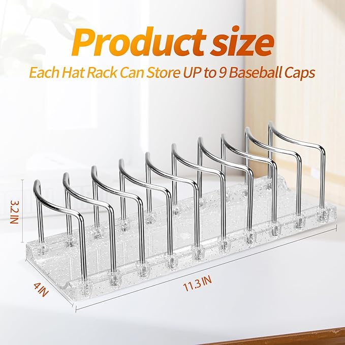 Baseball Cap Organizer Rack, 2-Pack (Holds 18 Caps) — No Installation Required, Anti-Tip, Stainless Steel, Freestanding Hat Organizer for Countertop, Dresser Top, Closet Shelf & Bedroom