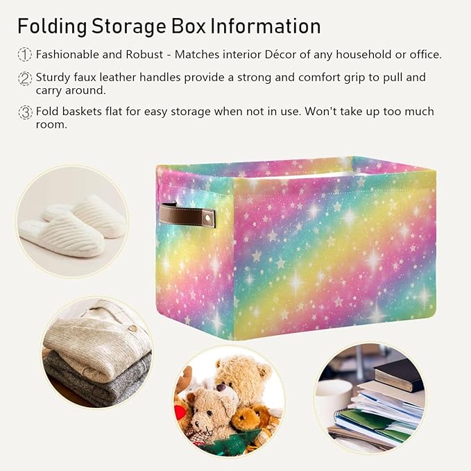 Rainbow Galaxy Storage Basket Bin, Large Cube Storage Box Canvas Collapsible Storage Organizer for Home Office Closet - 15 L x 11 W x 9.5 H