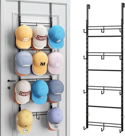 SWTYMIKI Over Door Hat Organizer - 4 Tier Metal Adjustable Wall Mounted Hat Rack with 12 Hooks Design, Hanging Baseball Cap Organizer Storage Holds up to 36 Caps for Door, Bedroom, Closet