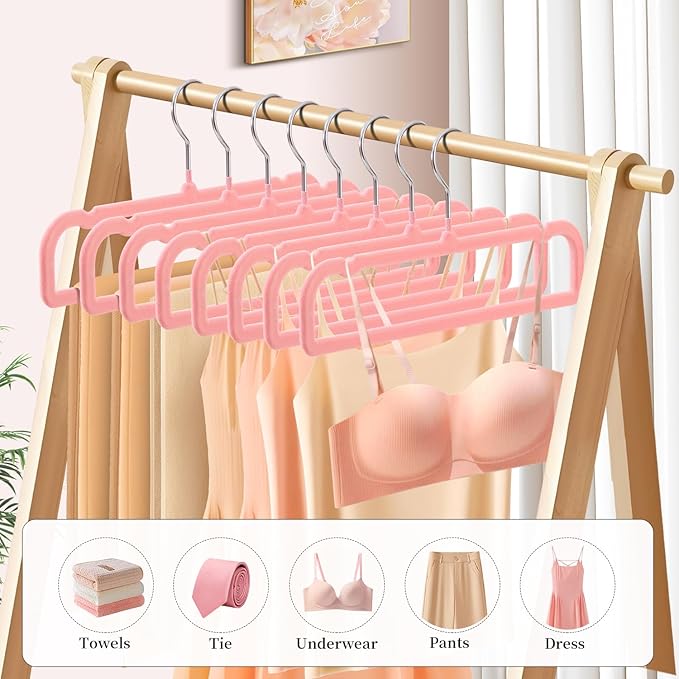 14 Inch 30 Pack Velvet Pants Hangers Non Slip,Slim Felt Jean Hangers with 10 Hooks and 2 Clips,Strong Durable Thin Space Saving Clothes Hanger with 360°Swivel Hook for Shorts,Skirts Bra(Pink)