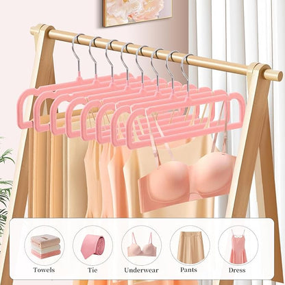 14 Inch 30 Pack Velvet Pants Hangers Non Slip,Slim Felt Jean Hangers with 10 Hooks and 2 Clips,Strong Durable Thin Space Saving Clothes Hanger with 360°Swivel Hook for Shorts,Skirts Bra(Pink)