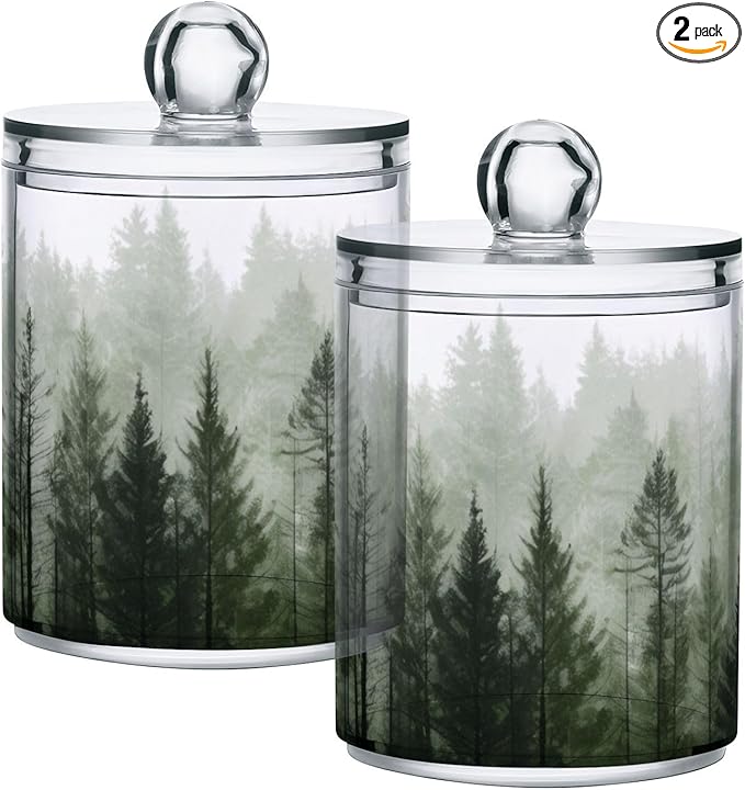 Qilmy Pine Trees Qtip Holder 2 Pack, 14 oz Apothecary Jars Bathroom Vanity Organizer Canister for Qtips, Cotton Swabs, Cotton Balls, Cosmetic Pads, Flossers, Bath Salts