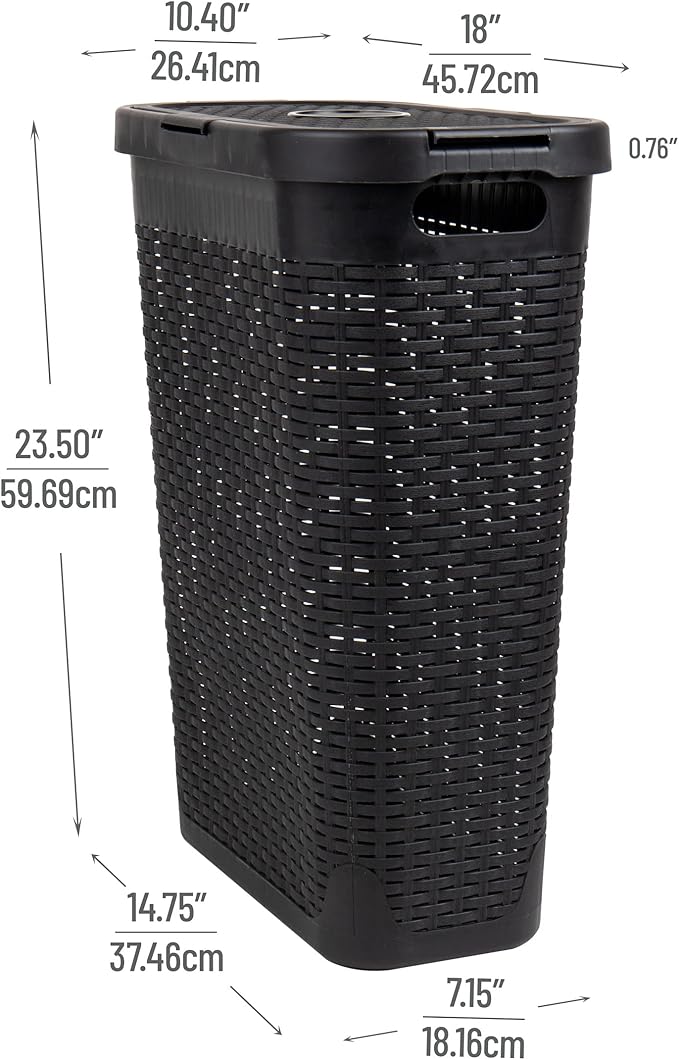 Mind Reader Slim Laundry Hamper with Lid, 40L Clothes Basket, Narrow Tapered Design with Ventilated Cutout Pattern, Plastic, Black
