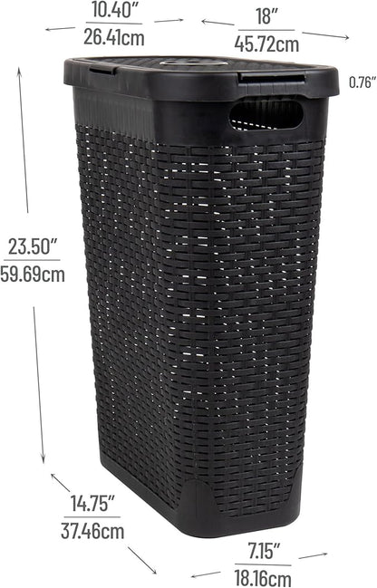 Mind Reader Slim Laundry Hamper with Lid, 40L Clothes Basket, Narrow Tapered Design with Ventilated Cutout Pattern, Plastic, Black