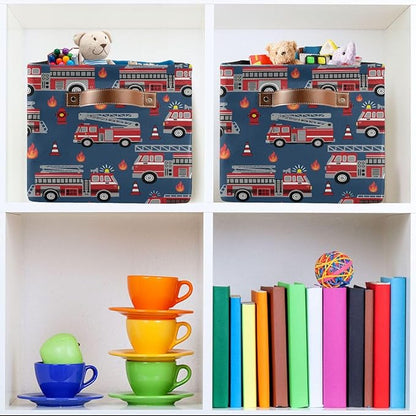 Fire Trucks Large Storage Basket Cube Storage Bin Canvas Fabric Organizer Handles Collapsible Decorative for Clothes Toys Bedroom