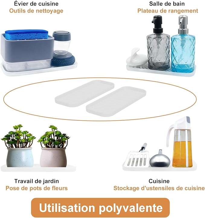 Silicone Organizer Tray, Soap and Sponge Holder for Kitchen Sink, Bathroom - Storage Tray for Dish Brush, Soap Dispenser, Dishwashing Accessories- 2 Pack (Clear)