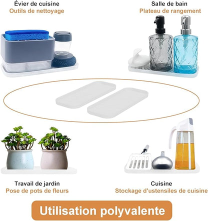 Silicone Organizer Tray, Soap and Sponge Holder for Kitchen Sink, Bathroom - Storage Tray for Dish Brush, Soap Dispenser, Dishwashing Accessories- 2 Pack (Clear)