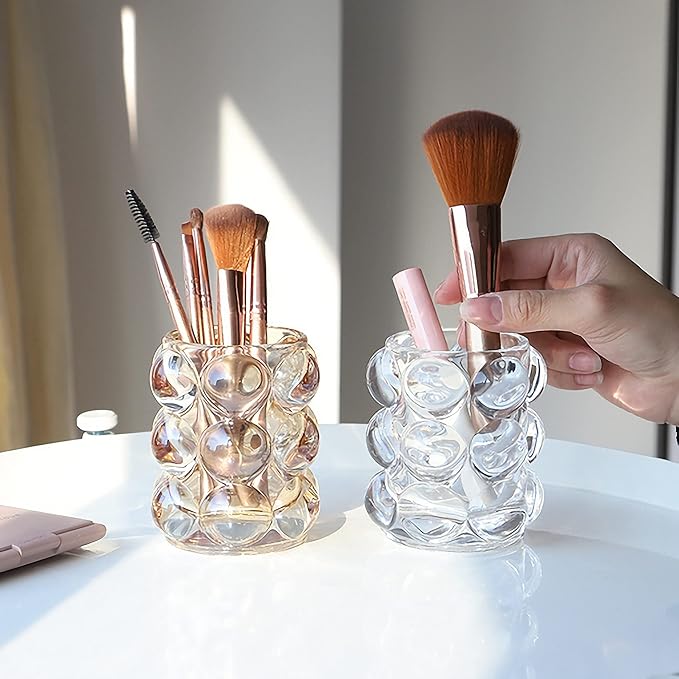 KNC Pen Pencil Container Multi-Purpose Handcrafted Comb Makeup Brush Holder Office Desk Accessories Storage Cosmetic Tools Organizer (Amber)