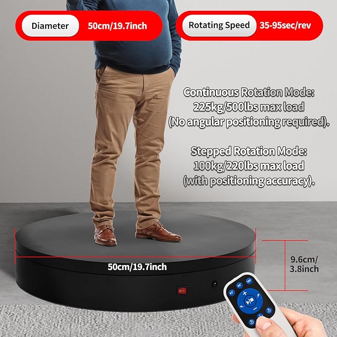 19.7In Remote Large Motorized electric turntable Rotating platform Photography Turntable Motorized lazy susan Base giratoria para for Photography,3D Scanner,Heavy duty display(Load Range:220~500lbs)