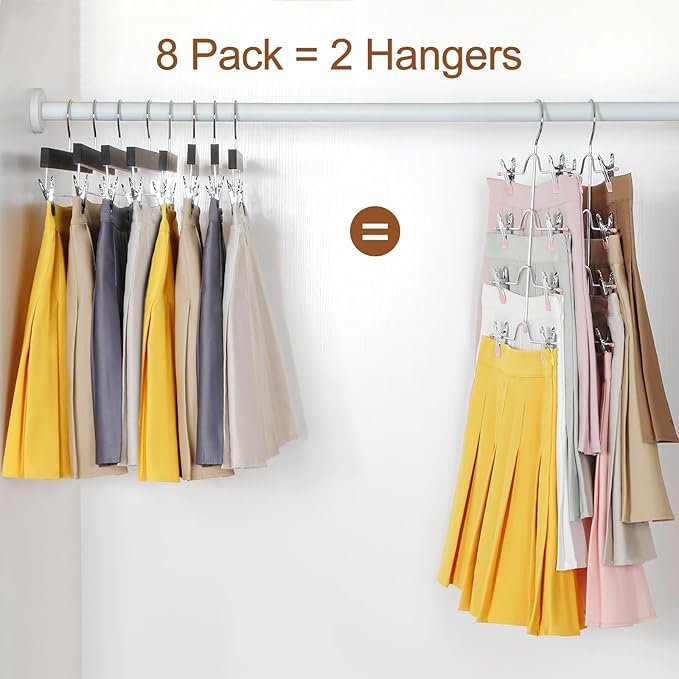 TOPIA HANGER 4 Tier Metal Skirt Hangers for Women, Pants Hanger Space Saving with Adjustable Clips, Gain 70% More Space, Non Slip Grip for Slacks, Trousers, Shorts, Jeans, Towels, Pink, 2-Pack, CT20P