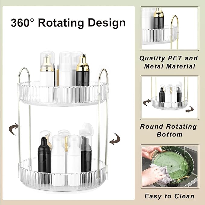 360 Rotating Makeup Organizer and Storage for Vanity Countertop 2 Tiers, High Capacity Cosmetic Skincare Perfume Organizers for Dresser Bathroom Lazy Susan