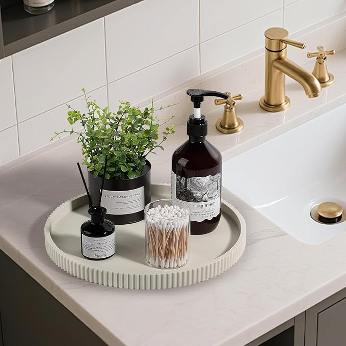Silicone Bathroom Tray Round Kitchen Counter Organizer Decorative Vanity Accessories Coffee Table Decor for Perfume, Candle, Soap Dish, 12 Inch, Beige