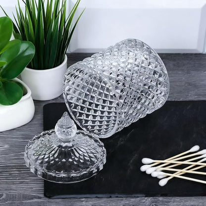 Clear Glass Jar with Lid – Qtip Holder, Cotton Ball Storage for Bathroom & Vanity, Crystal Glass, Candy Jar, Sugar Cube Storage for Kitchen Organizer, Home Decorative, Wedding Gift, Holiday Present