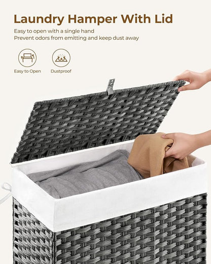 Greenstell Laundry Hamper with Lid, 125L Laundry Basket with 2 Removable Liner Bags & 2 Mesh Bags, Handwoven Synthetic Rattan Clothes Hamper for Clothes, Toys in Bathroom, Bedroom, Foldable, Grey