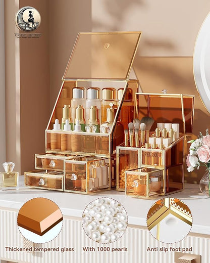 CoralHouse Makeup Organizer Amber,Glass Vanity Organizer for Skincare, Lipsticks, Perfume, Makeup Brushes – Countertop Cosmetic Storage Box for Women, Bathroom & Dresser