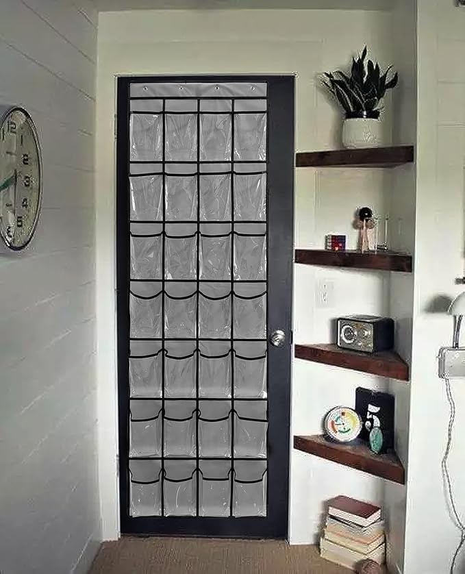 28 Large 1 Pack Transparent Pockets Over The Door Shoe Organizer Sturdy Hanging Shoe Rack for Door Closet Sneakers or Accessories, 4 hooks（Grey&Black）