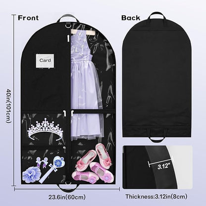Dance Garment Bags for Dancers, 40" Garment Bags for Hanging Clothes with 3 Clear Zipper Pockets, Cheer Uniform Garment Bag for Suits, Travel & Sports Jersey, Cheer Uniform (Black, 1Pack 40")