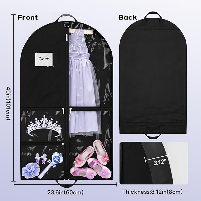 2Pack Dance Garment Bags for Dancers, 40" Garment Bags for Hanging Clothes with 3 Clear Zipper Pockets, Cheer Uniform Garment Bag for Suits, Travel & Sports Jersey, Cheer Uniform(Black, 2Pack 40")