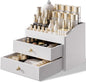 LADSTAG Makeup Organizer Countertop,Leather Makeup Storage with 2 Drawers,Large Capacity Beige White Make up Organizers for Counter,Bedroom,Bathroom,Birthday Gifts for Women