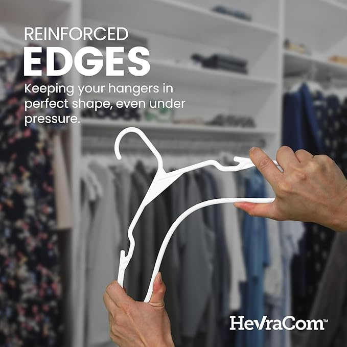 HevraCom White Plastic Hangers 50 Pack - Strong & Durable Non Slip Clothes Hangers for Closet, Space Saving Coat and Pant Hanger with Shoulder Grooves, Clipless Design