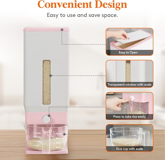 Lifewit Rice Dispenser 25 Lbs(11.3kg), Rice Storage Container Sealed Moisture Proof with Measuring Cup for Kitchen Pantry Household, BPA-Free, 1 Pack Pink