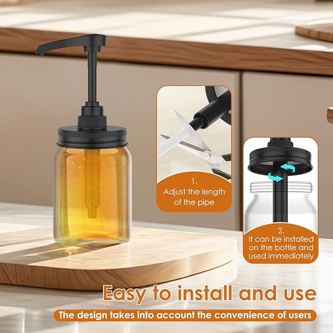 4Pcs Mason Jar Syrup Dispenser Stainless Steel Jar Syrup Dispenser Pump Lid, Honey Sauce Dispensers for 16 oz Regular Mouth, Coffee Syrups Distributor Pump Cover(Black,4Pcs)