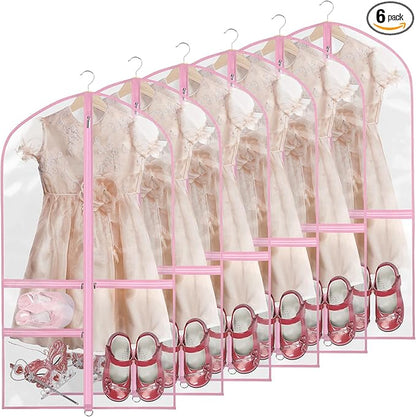 Clear Garment Bags for Dance Costumes, 40” Dance Garment Bags for Dancers, Kids Garment Bag for Dance Competitions with 3 Zipper Pockets, Garment Bags for Hanging Clothes, 6 Pack, Pink