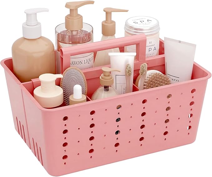 Lifewit Shower Caddy Portable, Cleaning Supplies Caddy Organizer with Handle and Adjustable Dividers, Plastic Shower Basket for Dorm Room Essentials, College, Bathroom, Pink, 1 Pack