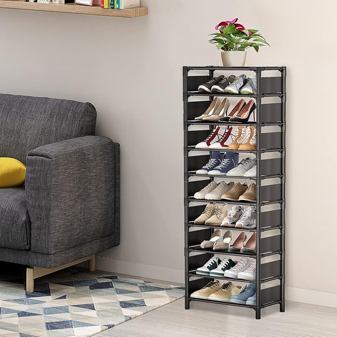 Shoe Rack - 10 Tiers Shoe Organizer with Detachable Fabric Shelves & Metal Frame, Up to 20-25 Pairs Narrow Tall Shoe Rack for Closet, Entryway, 17.7" x 11.0" x 63"