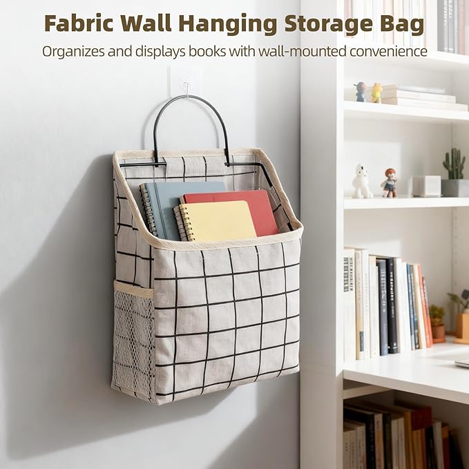 OMISTAR 3 Pcs Fabric Wall Hanging Storage Caddy Bag, Small Wall Mount Bedroom Organizer, 8.9 x 3.9 x 7.5 in Organizer Storage Bag, with Adhesive Hooks, Grey Black White Plaid